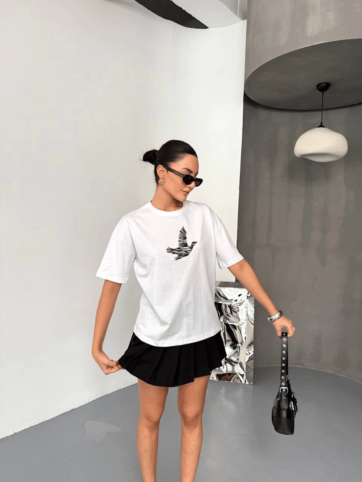 Kısa Kol Baskılı T-shirt - Beyaz