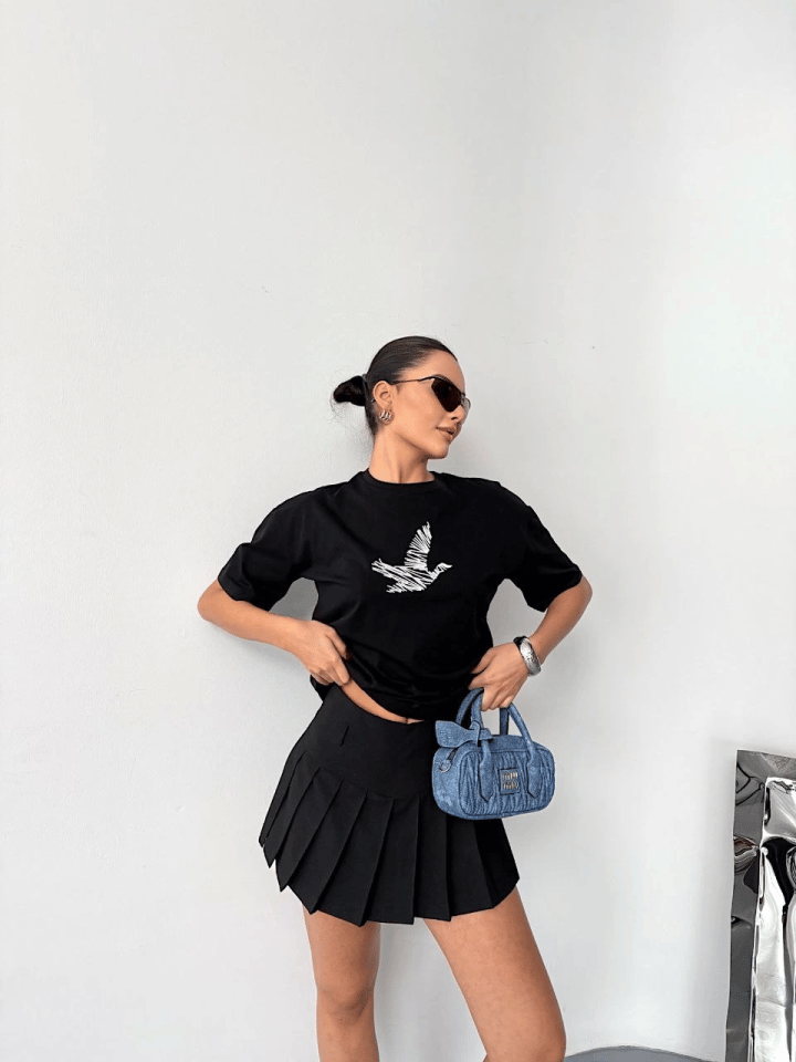 Kısa Kol Baskılı T-shirt - Siyah