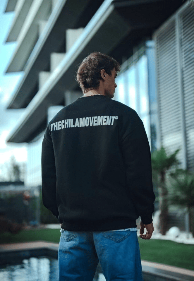 Kışlık Bisiklet Yaka Oversize Baskılı SweatShirt - Siyah
