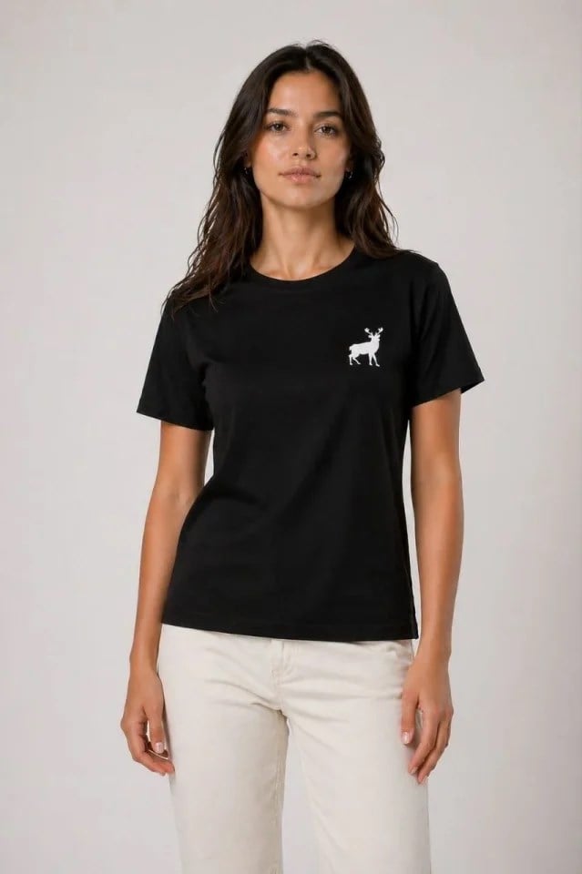 Minimal Geyik Logolu Tişört Bisiklet Yaka Kısa Kol Yazlık T-Shirt - Siyah