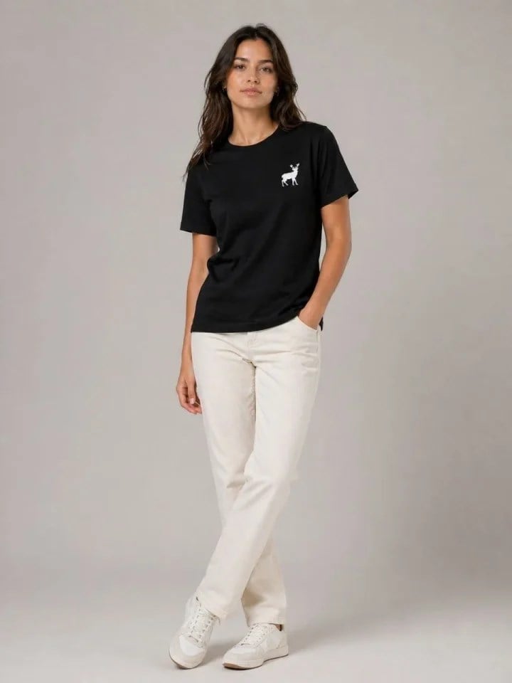 Minimal Geyik Logolu Tişört Bisiklet Yaka Kısa Kol Yazlık T-Shirt - Siyah