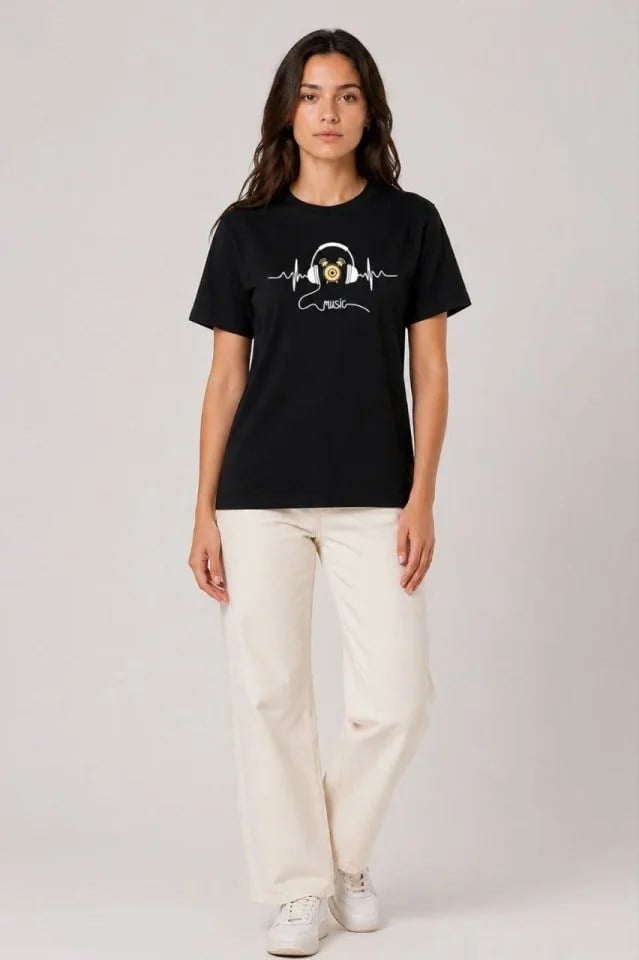 Müzik Temalı Baskılı Tişört Bisiklet Yaka Kısa Kol T-Shirt - Siyah