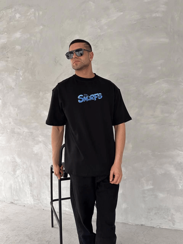 Ön Ve Arka Baskılı Oversize Bisiklet Yaka T-shirt- Siyah