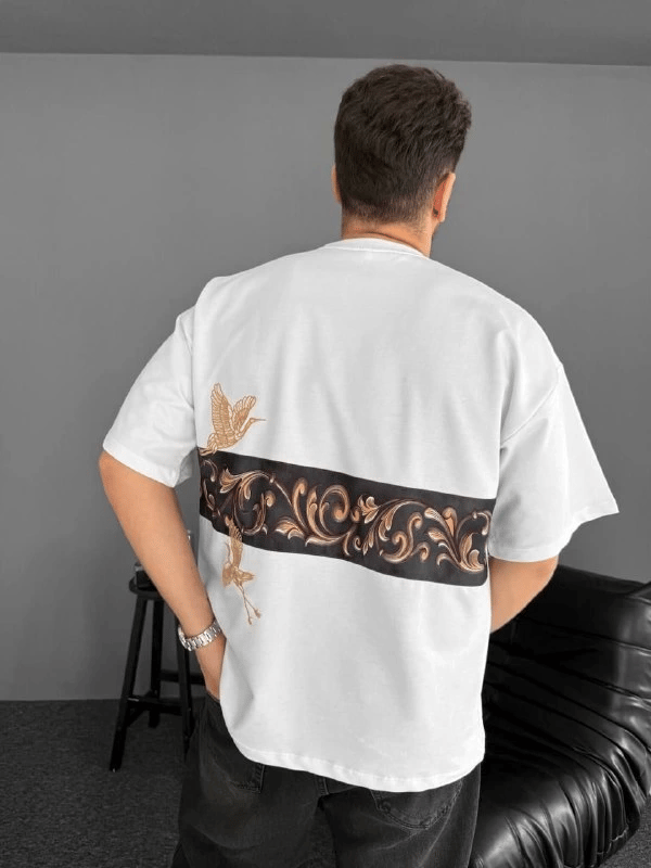 Ön Ve Arka Baskılı Oversize Bisiklet Yaka T-shirt - Beyaz