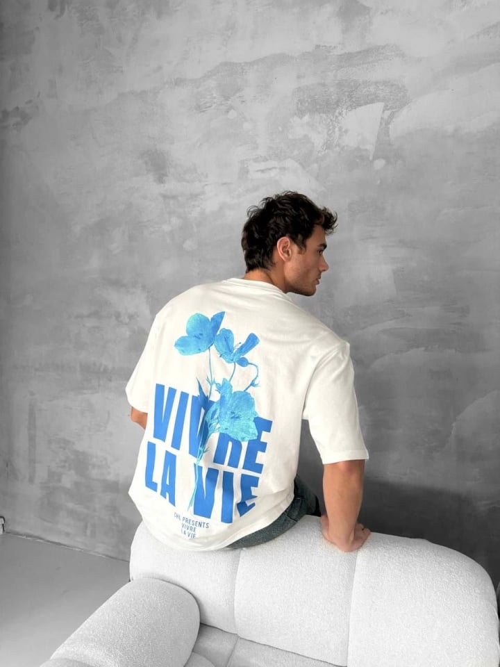 Ön Ve Arka Baskılı Oversize Bisiklet Yaka T-shirt- Beyaz