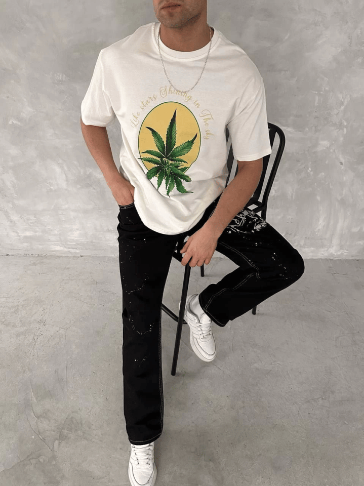 Ön Ve Arka Baskılı Oversize Bisiklet Yaka T-shirt- Beyaz