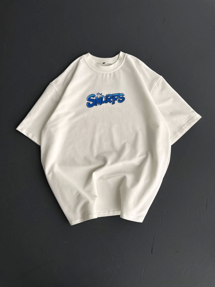 Ön Ve Arka Baskılı Oversize Bisiklet Yaka T-shirt- Beyaz
