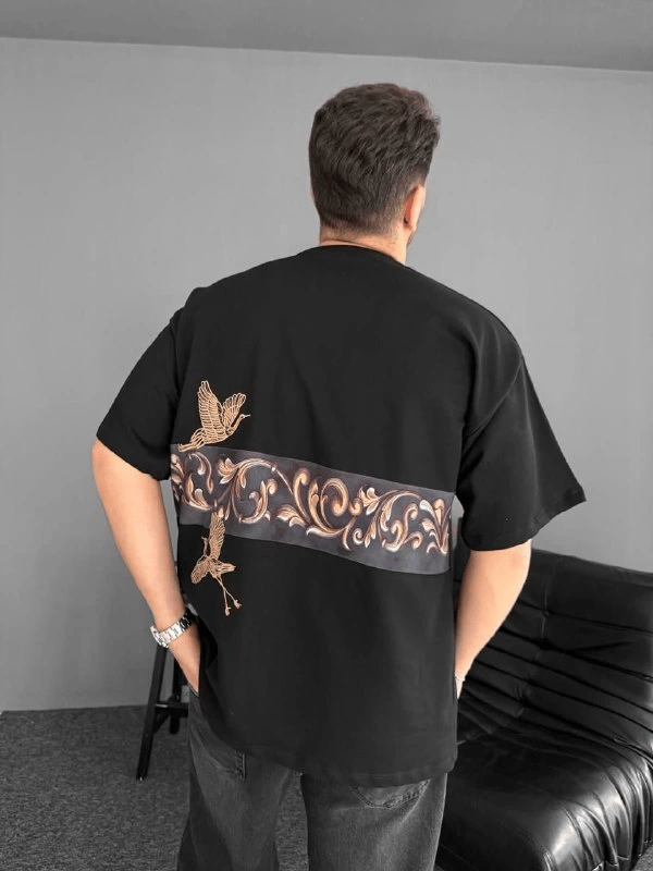 Ön Ve Arka Baskılı Oversize Bisiklet Yaka T-shirt- Beyaz