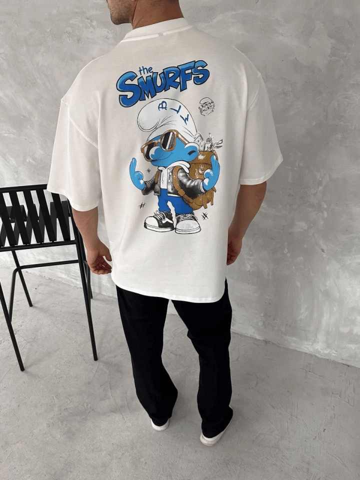 Ön Ve Arka Baskılı Oversize Bisiklet Yaka T-shirt- Beyaz