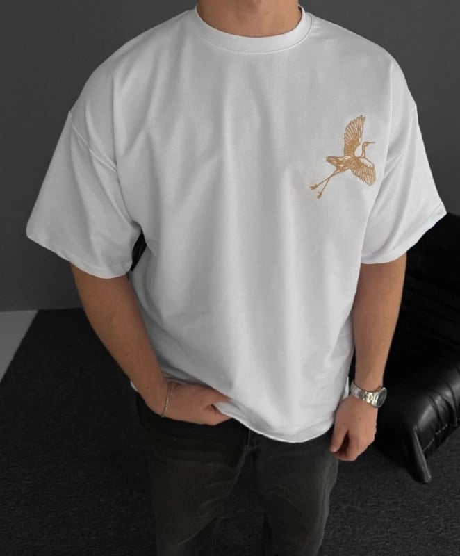 Ön Ve Arka Baskılı Oversize Bisiklet Yaka T-shirt - Beyaz