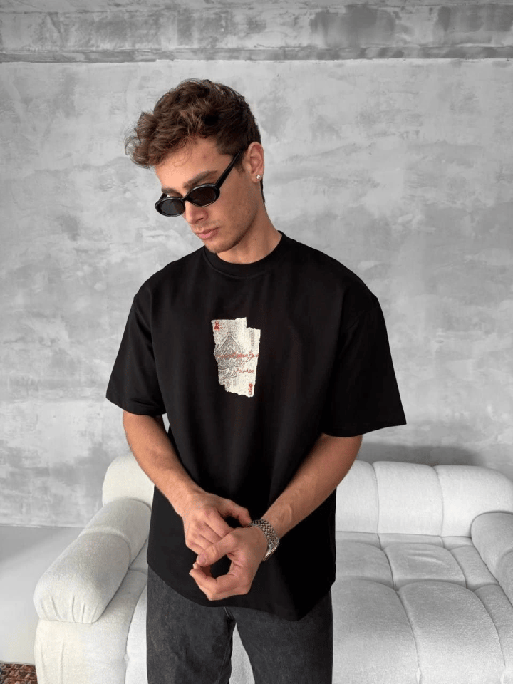 Ön Ve Arka Baskılı Oversize Bisiklet Yaka T-shirt - Siyah