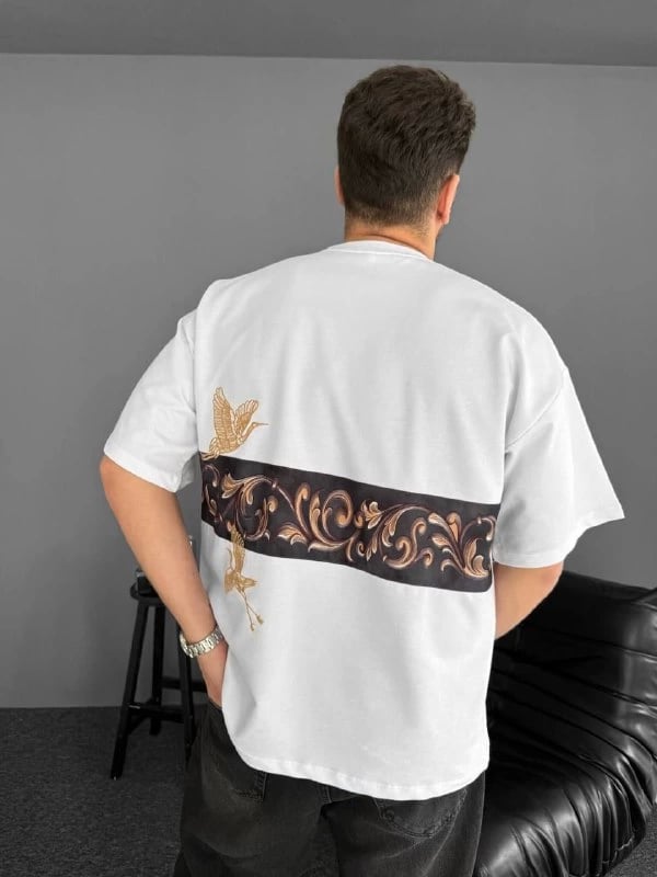 Ön Ve Arka Baskılı Oversize Bisiklet Yaka T-shirt - Beyaz