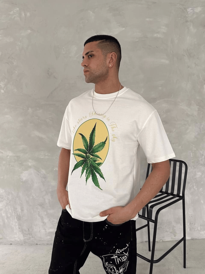 Ön Ve Arka Baskılı Oversize Bisiklet Yaka T-shirt- Beyaz