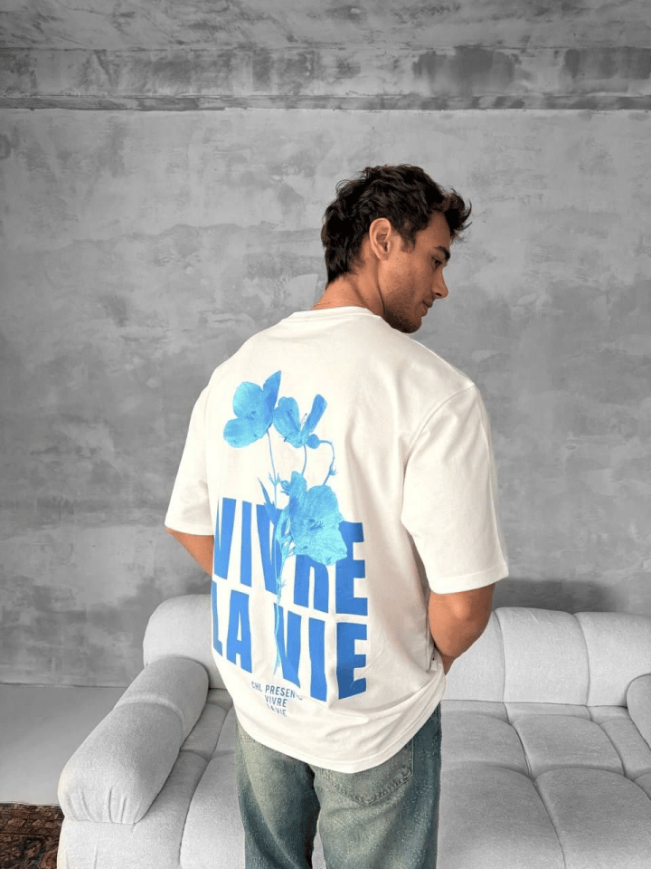 Ön Ve Arka Baskılı Oversize Bisiklet Yaka T-shirt- Beyaz