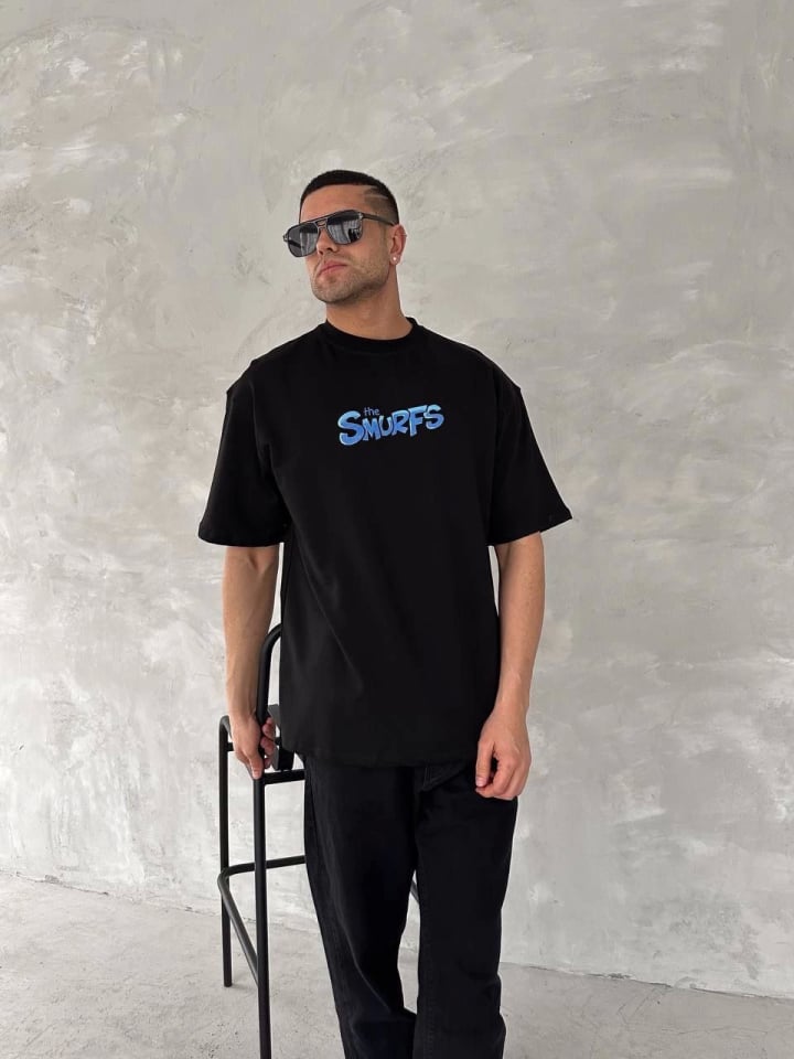 Ön Ve Arka Baskılı Oversize Bisiklet Yaka T-shirt- Siyah