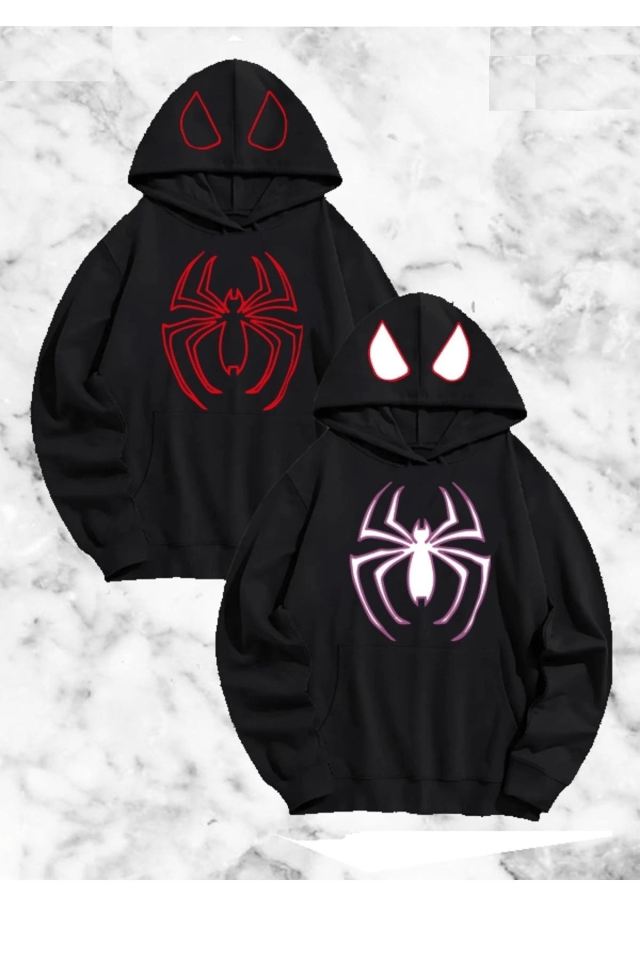 Örümcek Baskılı Sevgili Çift Kombini Kapüşonlu Sweatshirt - Hodie - Siyah