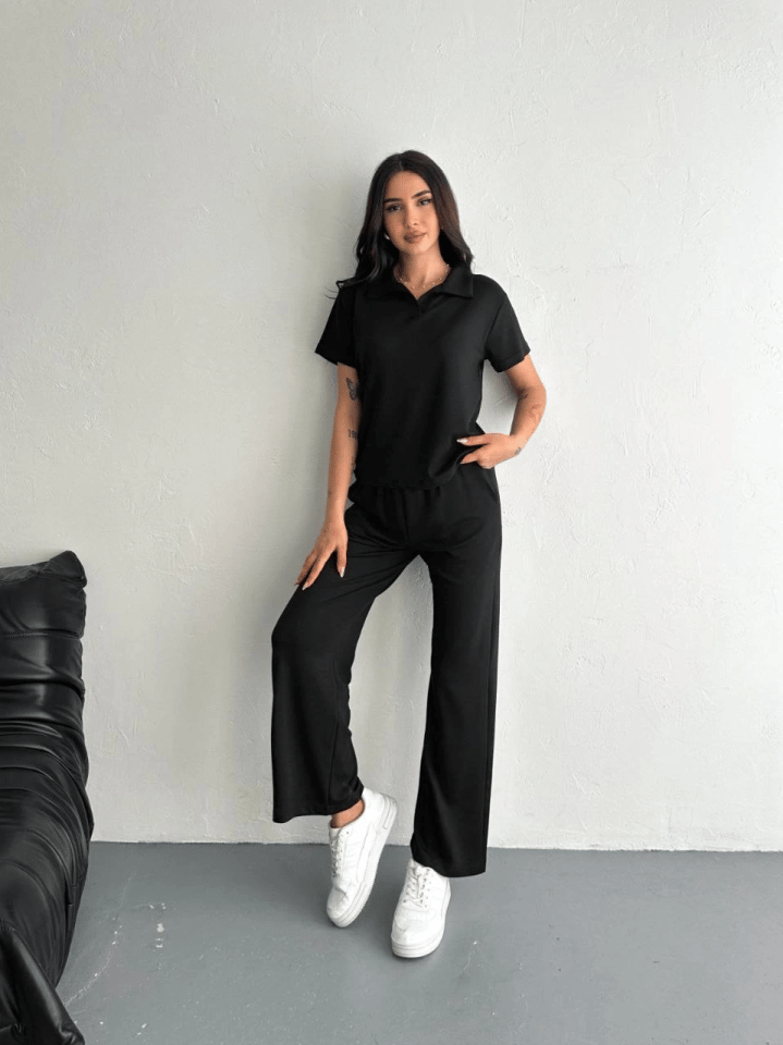 Osy Modal Yumuşak Dokulu Kumaş Kısa Kollu Yakalı T-shirt Pantalon Ikili Takım- Siyah