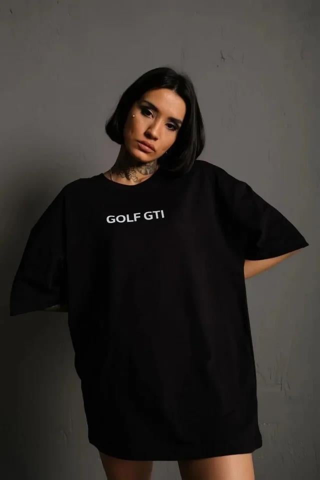 Oversize Baskılı Tişört – Golf GTI Retro Araba Desenli, Ön - Arka Dijital Baskı, Sokak Modası Stil - Siyah