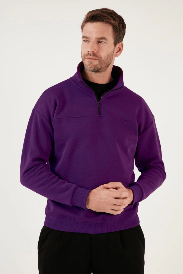 Oversize Yarım Farmuarlı Yakalı Basic SweatShirt - Beyaz