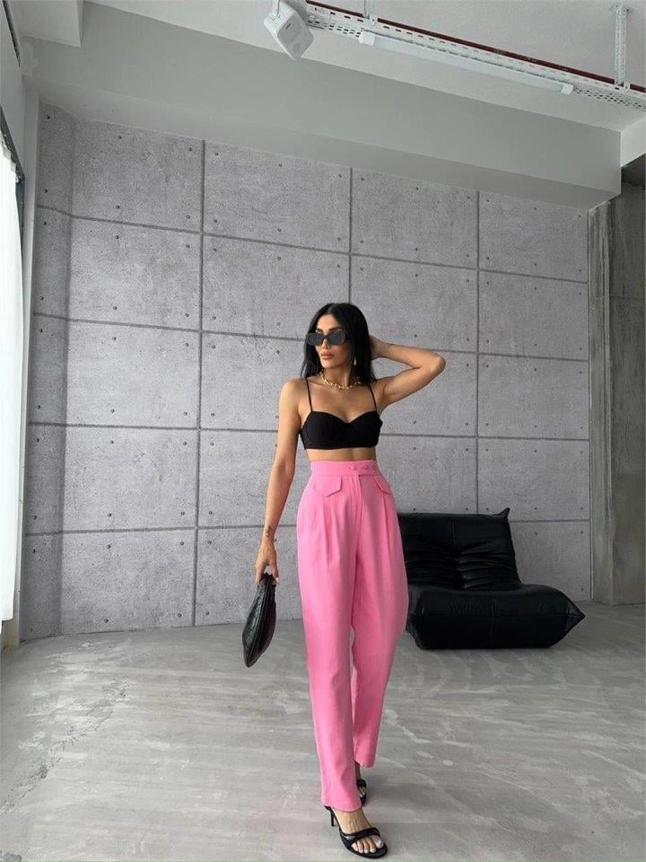 PANTOLON KAPALI CEP 3 DÜĞME DETAYLI - Pembe