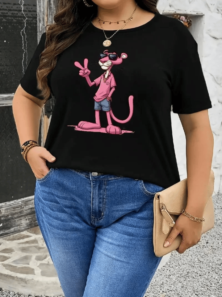 Pembe Panter Baskılı Oversize Bisiklet Yaka T-shirt - Beyaz