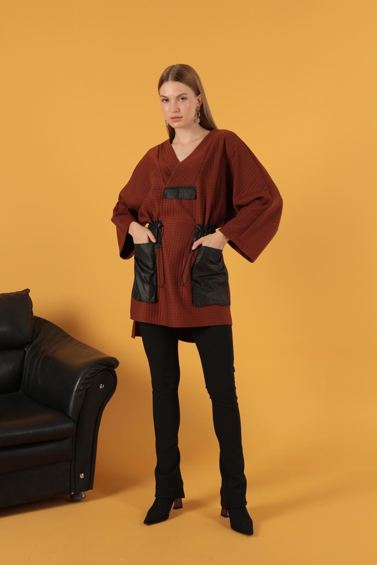 Petek Kumaş Garnili Oversize Kadın Sweat-Kahve