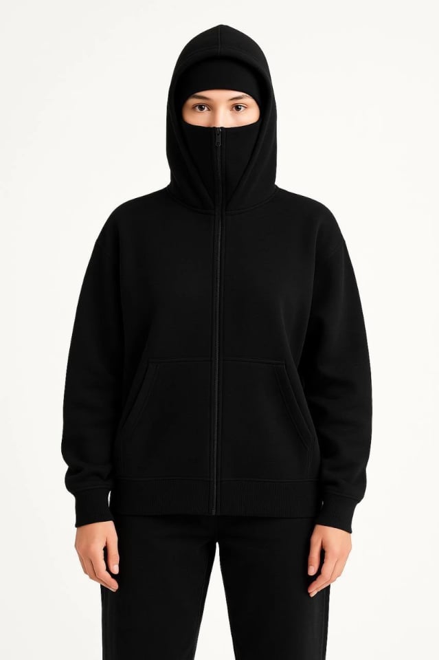 Samuray Ninja Çift Kapşonlu ZIP Fermuarlı Kanguru Çepli Hoodie Maske Detaylı Swetshirt - Siyah