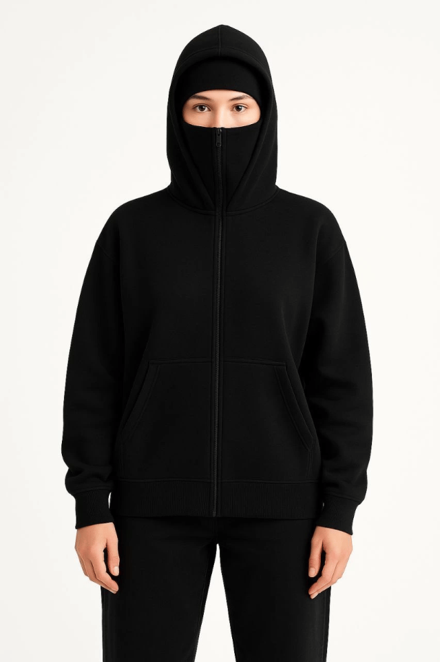Samuray Ninja Çift Kapşonlu ZIP Fermuarlı Kanguru Çepli Hoodie Maske Detaylı Swetshirt - Siyah