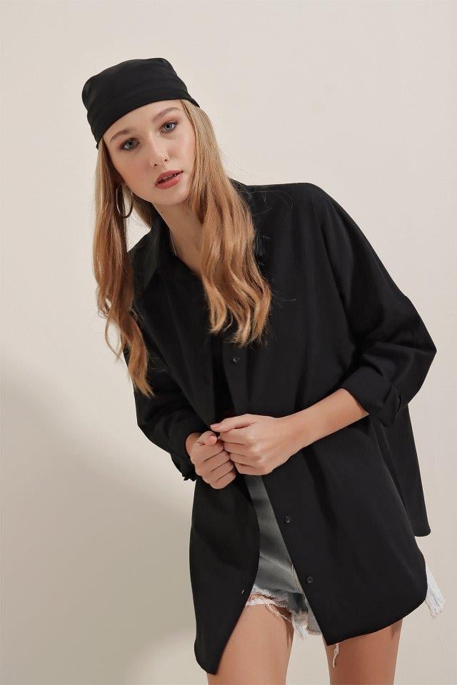 Siyah Oversize Uzun Basic Gömlek 3900