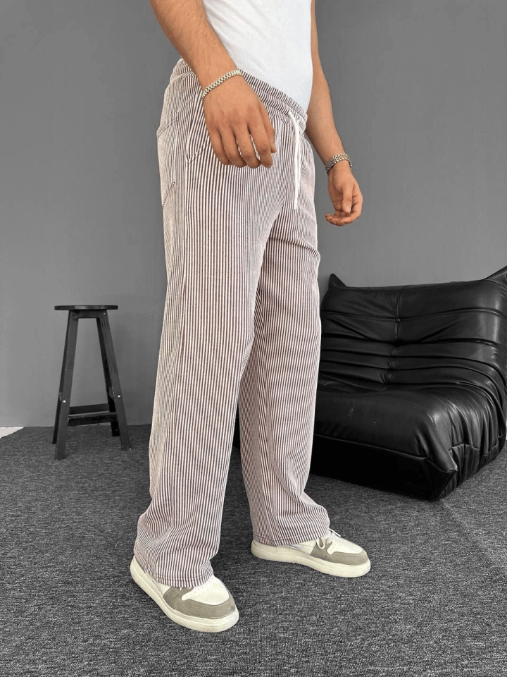 Su Yolu Çizgili Cepli Pantalon - Kahverengi