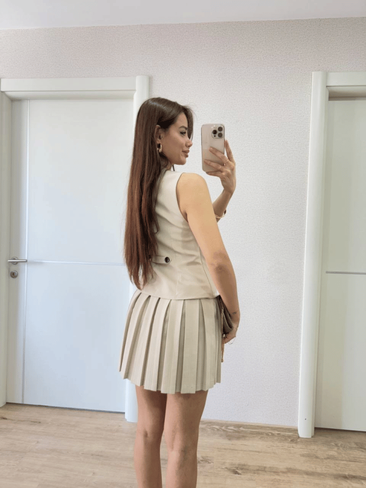 Takım Görünümlu Yelekli Mini Elbise- Bej