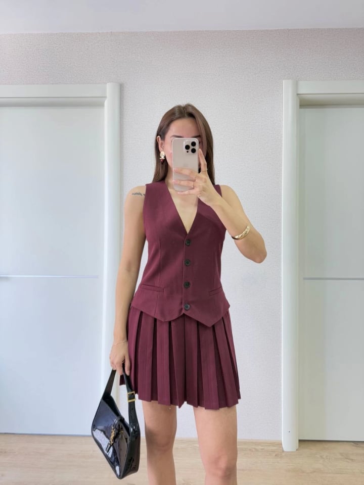Takım Görünümlu Yelekli Mini Elbise- Bordo