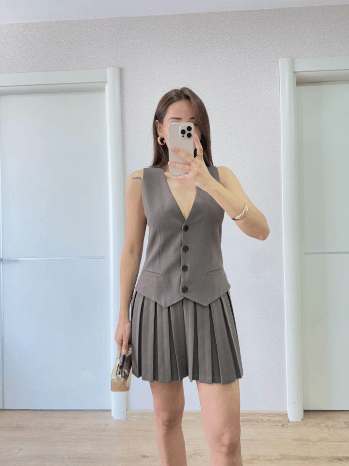 Takım Görünümlu Yelekli Mini Elbise- Füme
