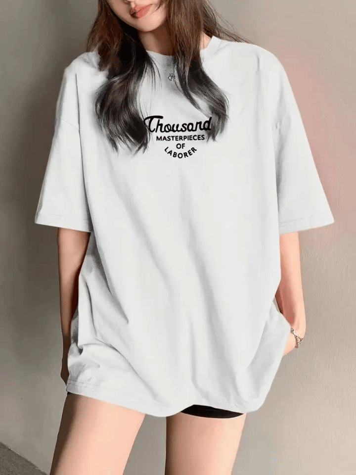 Thousand Baskılı Oversize Bisiklet Yaka T-shirt - Beyaz