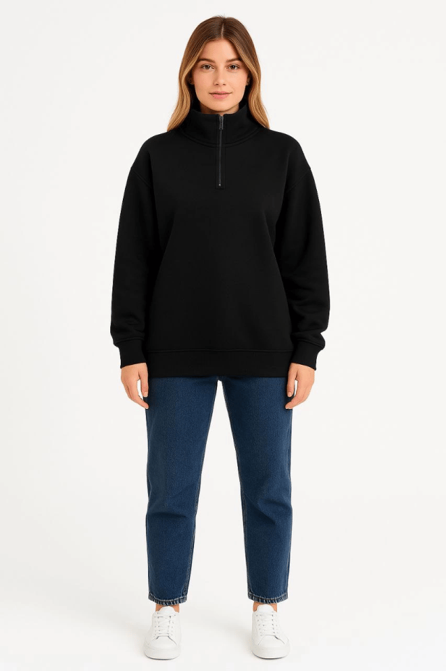 Üç İplik Dık Yaka Yarım Fermuarlı SweatShirt - Siyah