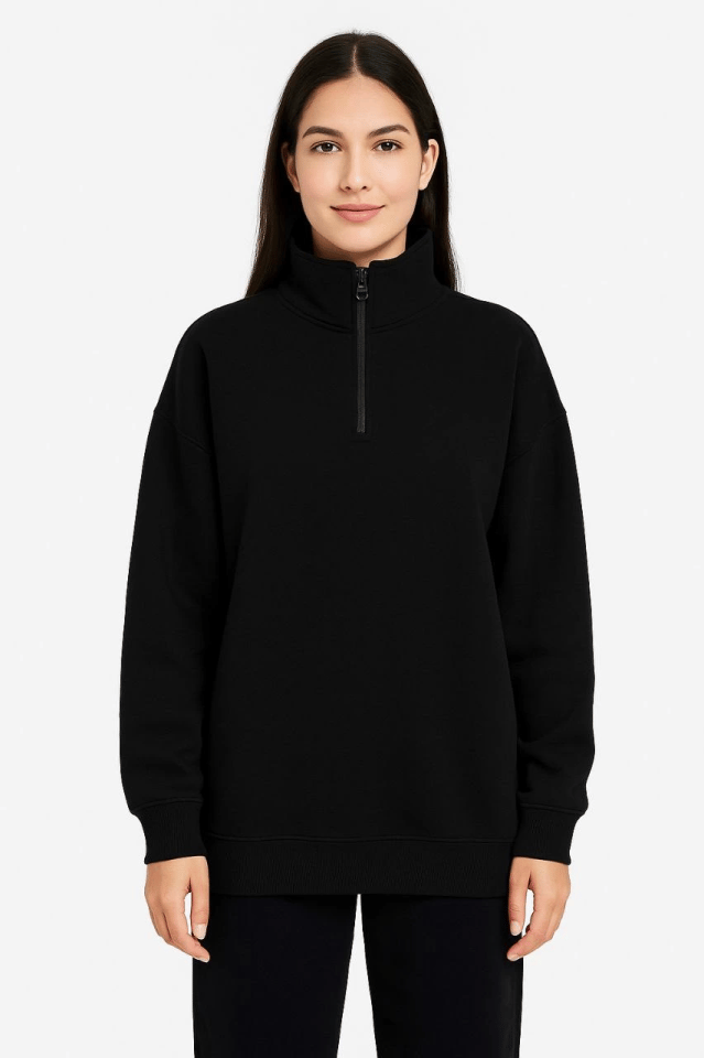 Üç İplik Dık Yaka Yarım Fermuarlı SweatShirt - Siyah