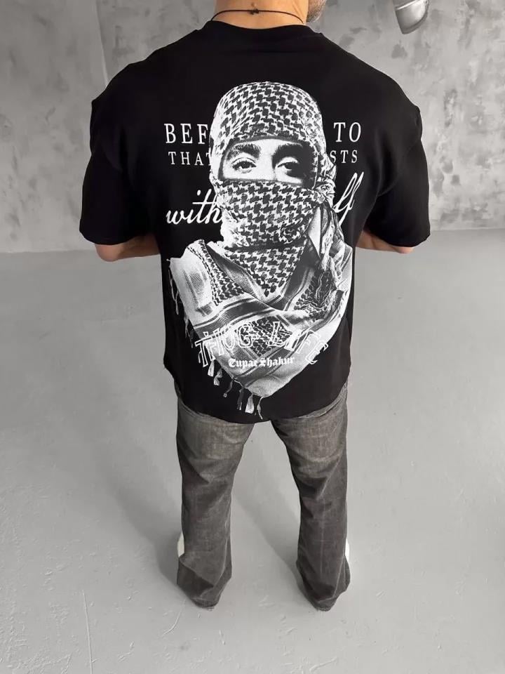 Unisex Baskılı Oversize T-Shirt - Siyah