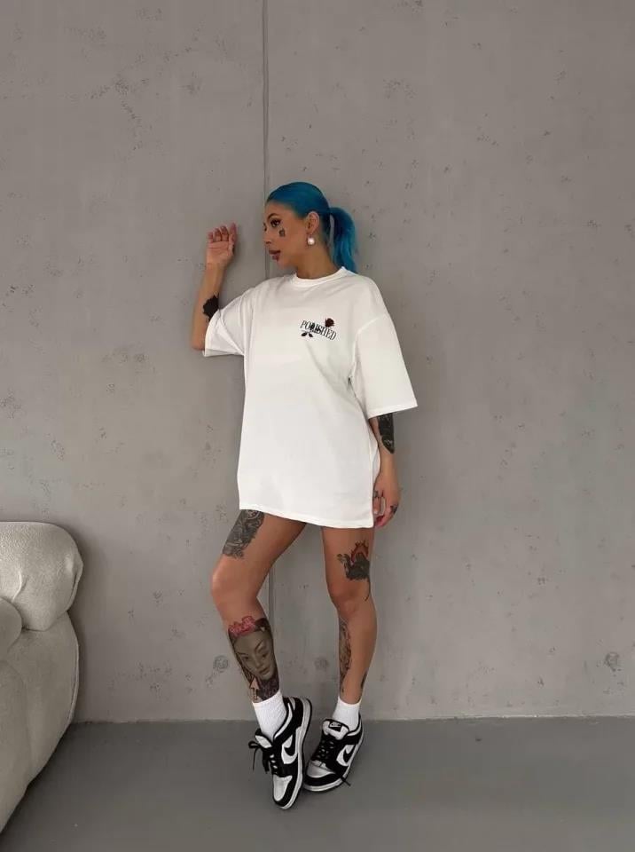 Unisex Bisiklet Yaka Baskılı Oversize T-Shirt - Siyah