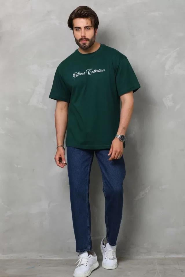 Unisex Bisiklet Yaka Baskılı Oversize T-Shirt - Siyah