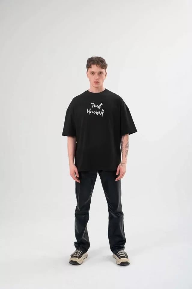 Unisex Bisiklet Yaka Baskılı Oversize T-Shirt - Füme