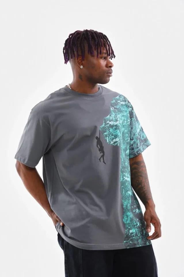 Unisex Bisiklet Yaka Baskılı Oversize T-Shirt - Beyaz