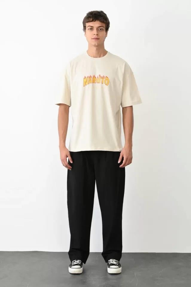 Unisex Bisiklet Yaka Baskılı Oversize T-Shirt - Beyaz