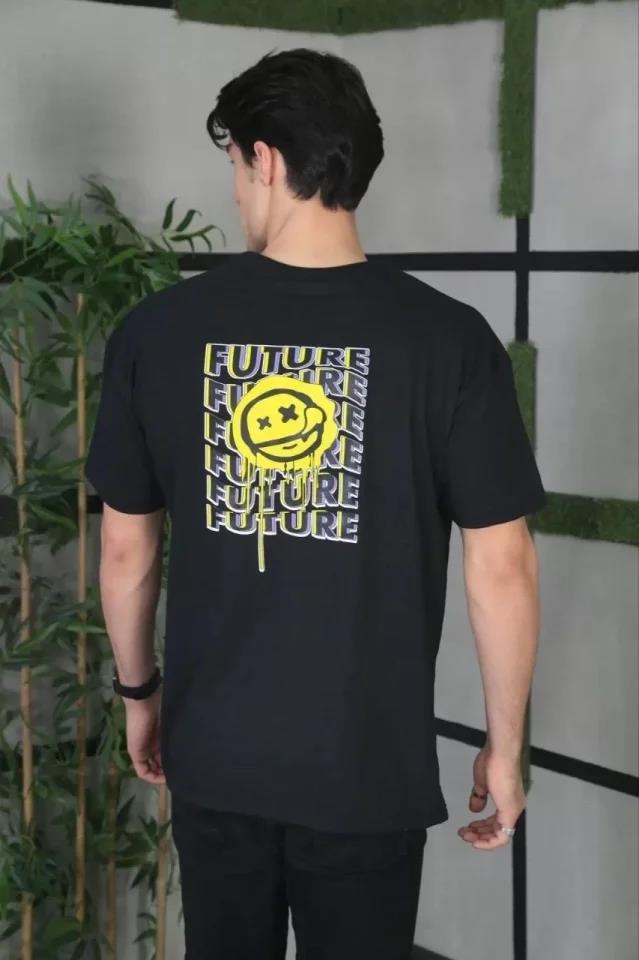 Unisex Bisiklet Yaka Baskılı Oversize T-Shirt - Beyaz