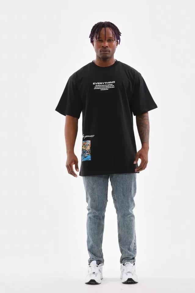 Unisex Bisiklet Yaka Baskılı Oversize T-Shirt - Beyaz