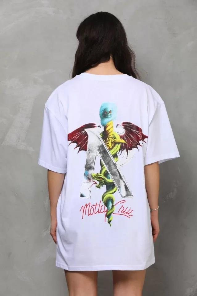 Unisex Bisiklet Yaka Baskılı Oversize T-Shirt - Siyah