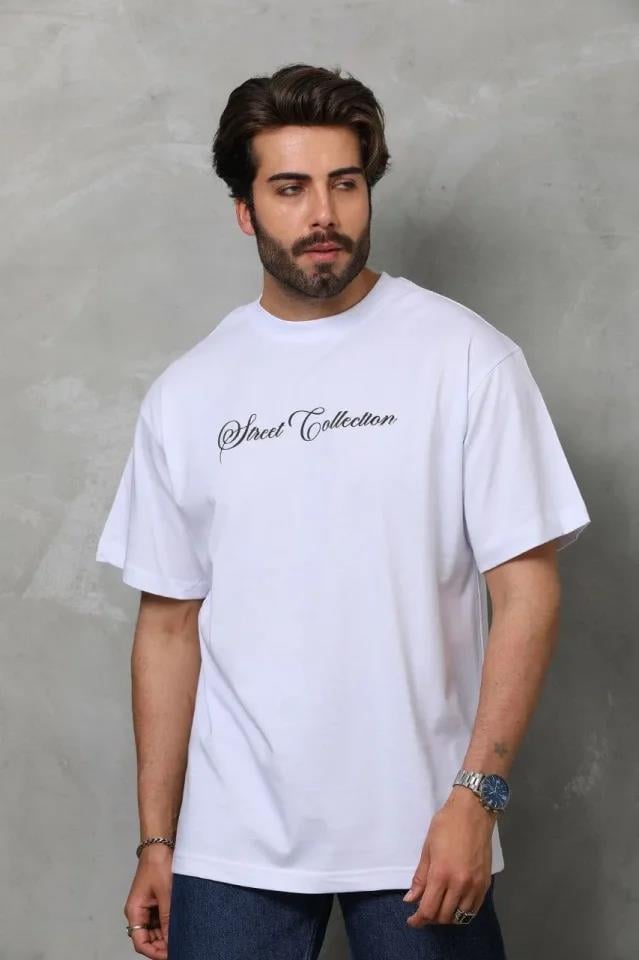 Unisex Bisiklet Yaka Baskılı Oversize T-Shirt - Siyah
