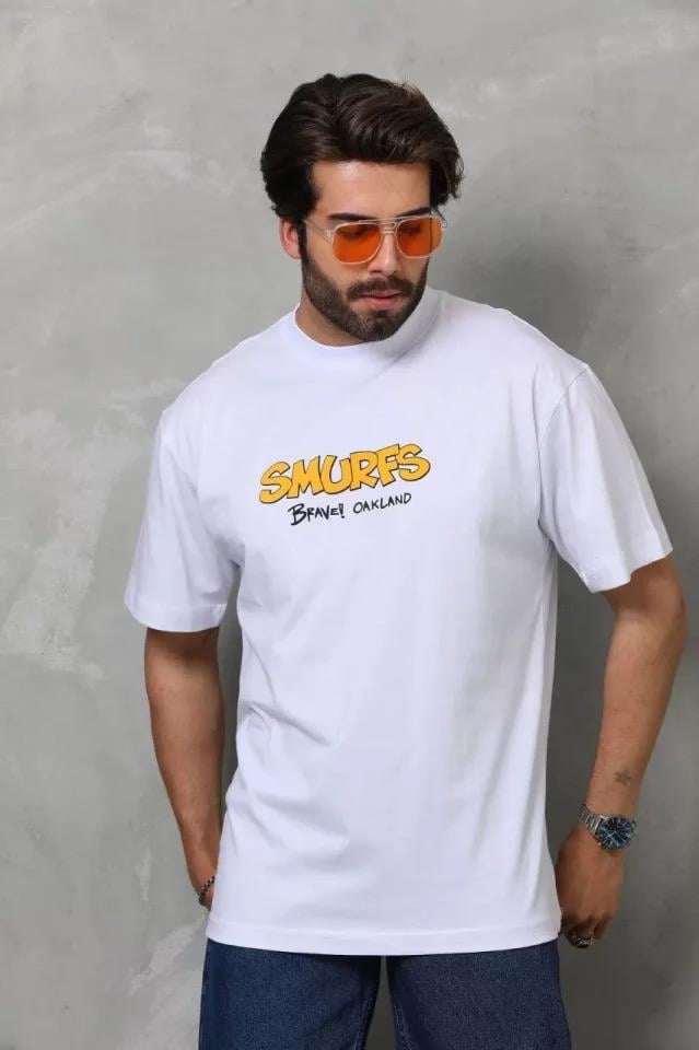 Unisex Bisiklet Yaka Baskılı Oversize T-Shirt - Beyaz