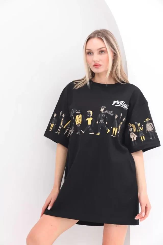 Unisex Bisiklet Yaka Baskılı Oversize T-Shirt - Beyaz