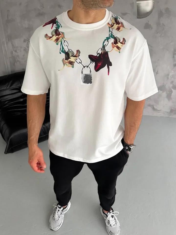 Unisex Bisiklet Yaka Baskılı Oversize T-Shirt - Füme