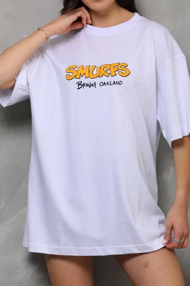 Unisex Bisiklet Yaka Baskılı Oversize T-Shirt - Siyah
